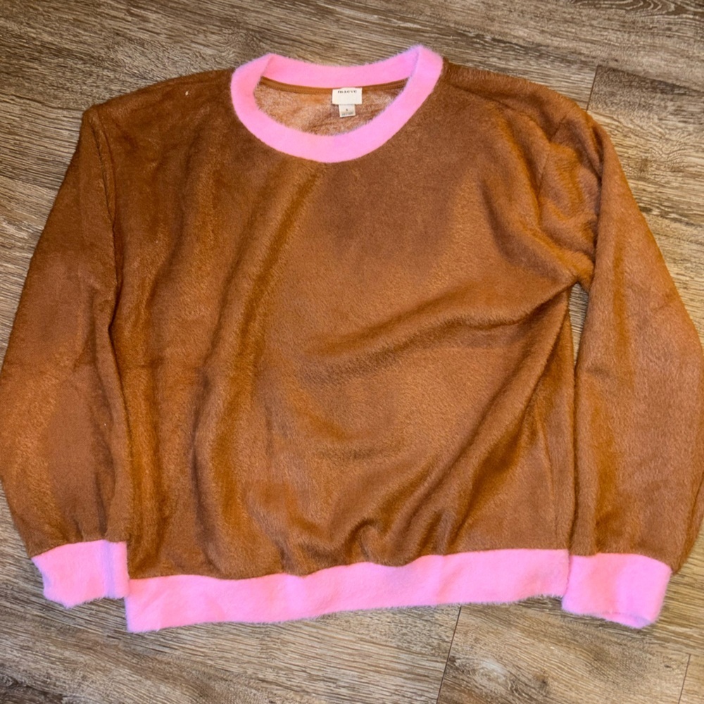 Maeve x Anthropologie Cozy Ringer Brown Pink Fuzzy Oversized Sweater Small - Picture 4 of 8